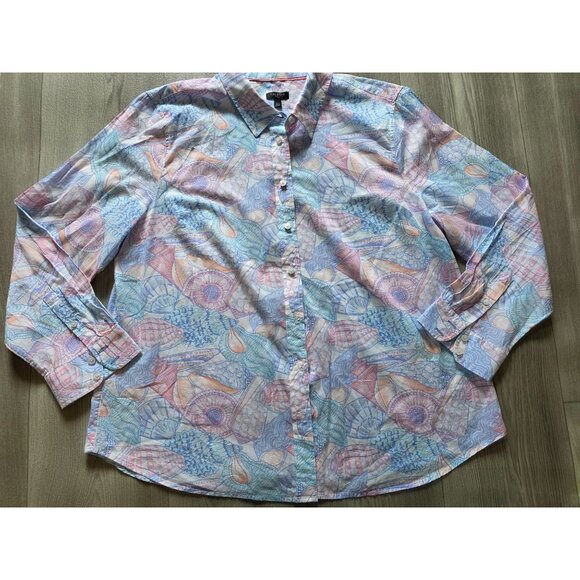 Talbots Pastel Seashell Print Button Down Shirt XL Petite Soft Watercolor - Picture 3 of 7